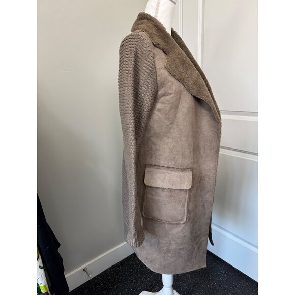 Anthropologie Womens M Taupe Faux Suede & Knit Long Coat W/Faux Shearling Collar - Picture 5 of 13